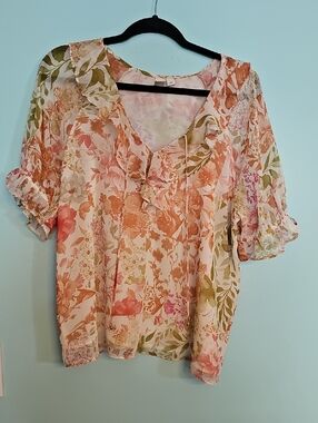 Joie Peach & Olive Floral Ruffle-Tie Blouse